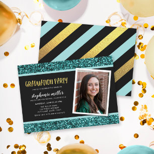 Teal Glitter Photo Graduation Party Invitation