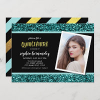 Teal Glitter Photo Quinceanera Invitation