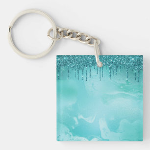 Teal Glitter Rain on Luxury Metal Marble Key Ring