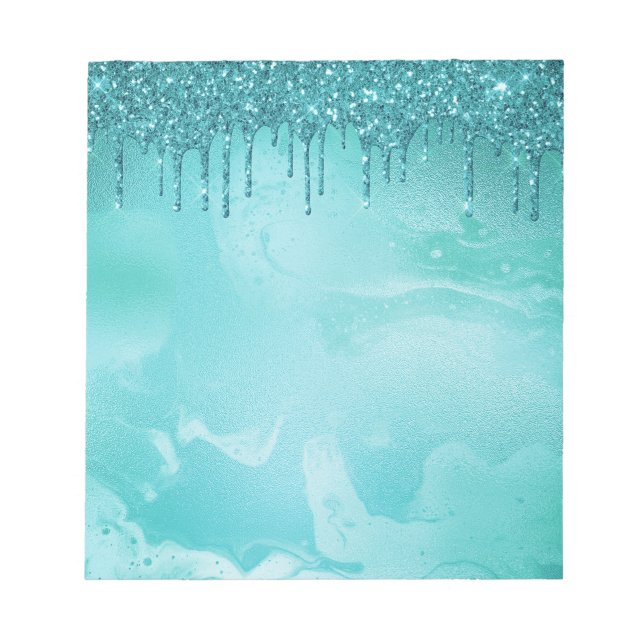 Teal Glitter Rain on Luxury Metal Marble Notepad (Front)