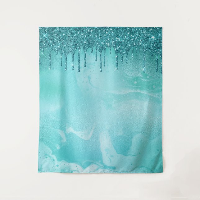 Teal Glitter Rain on Luxury Metal Marble Tapestry (Front)