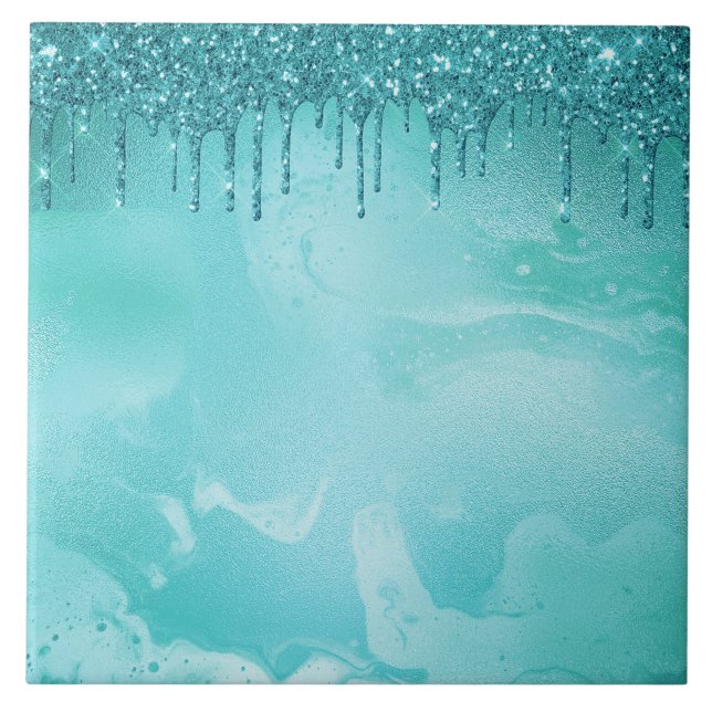 Teal Glitter Rain on Luxury Metal Marble Tile (Front)
