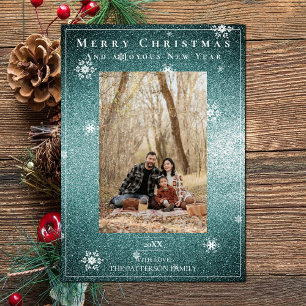Teal Glitter Snowflakes Holiday Photo Card