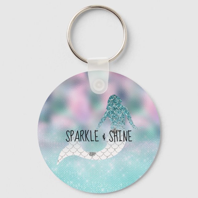 Teal Glitter Sparkle Mermaid Key Ring (Front)