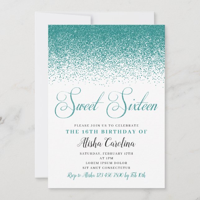 Teal Glitter Sweet Sixteen Birthday Invitation (Front)