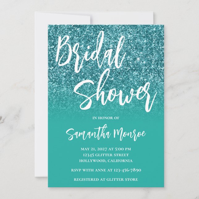 Teal Glitter Turquoise Gradient Bridal Shower Invitation (Front)
