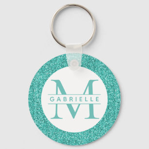 Teal Glitter Turquoise Monogram Keychain