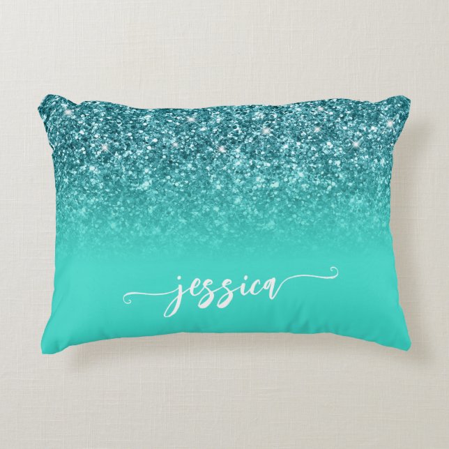 Teal Glitter Turquoise Ombre Modern Script Decorative Cushion (Front)
