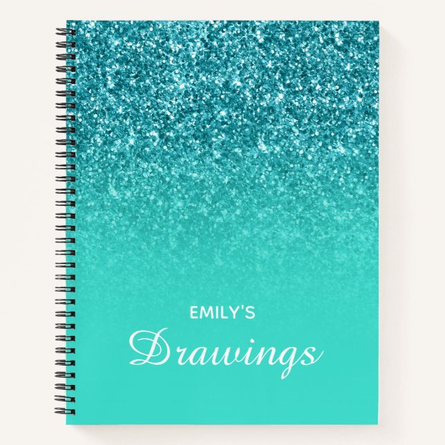 Teal Glitter Turquoise Ombre Personalised Drawing Notebook (Front)