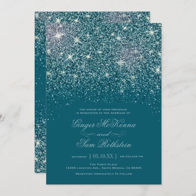 Teal Glitter Wedding Invitations (Front/Back)