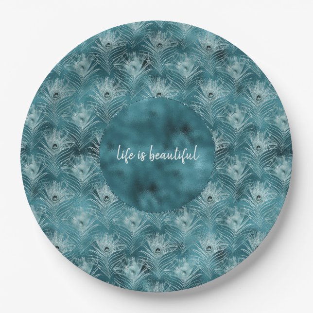 Teal Glitzy Glam Peacock Feathers Paper Plate (Front)