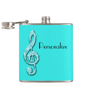Teal Glitzy Sparkly Music Notes Hip Flask