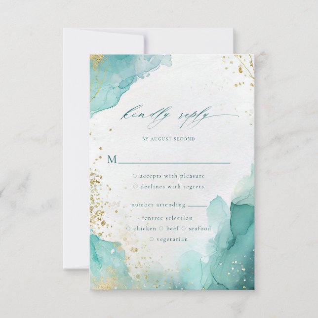 Teal Gold Abstract Beach Wedding Meal Options RSVP Card