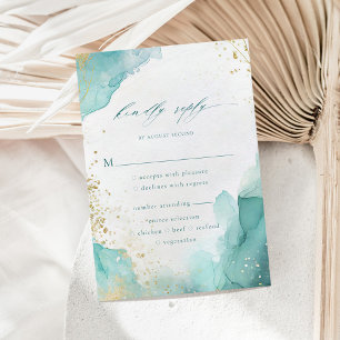 Teal Gold Abstract Beach Wedding Meal Options RSVP Card