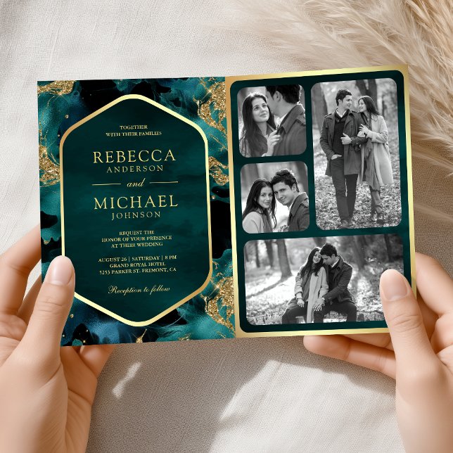 Teal Gold Abstract Fluid Ink QR Code Wedding Invitation (Creator Uploaded)