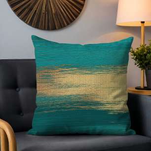 Teal Gold Abstract Painterly Brushstrokes Cushion