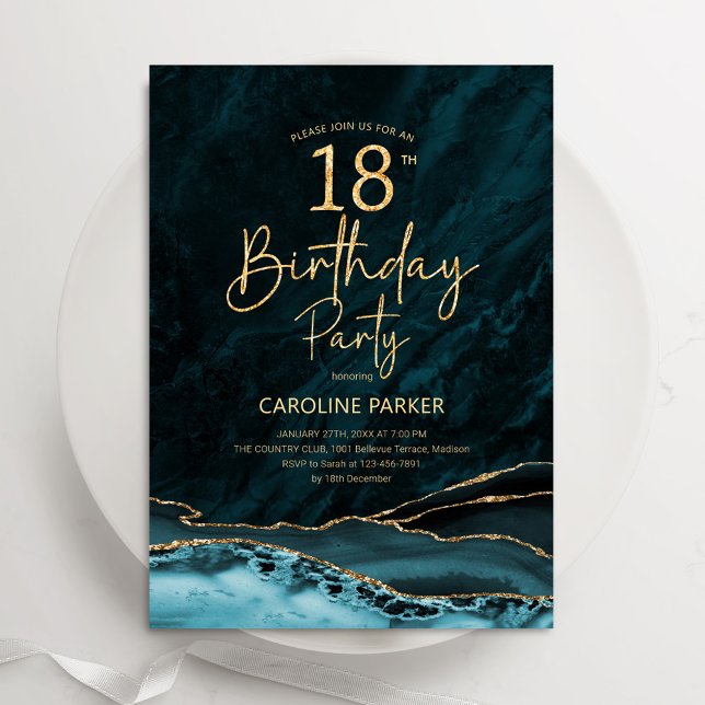 Teal Gold Agate 18th Birthday Invitation (Creator Uploaded)