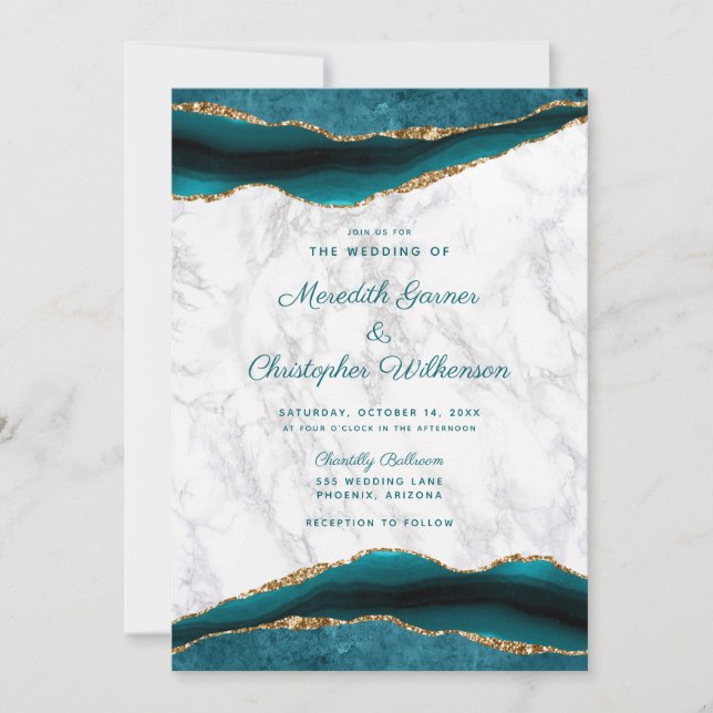 Teal Gold Agate and Marble Wedding Invitation (Front)