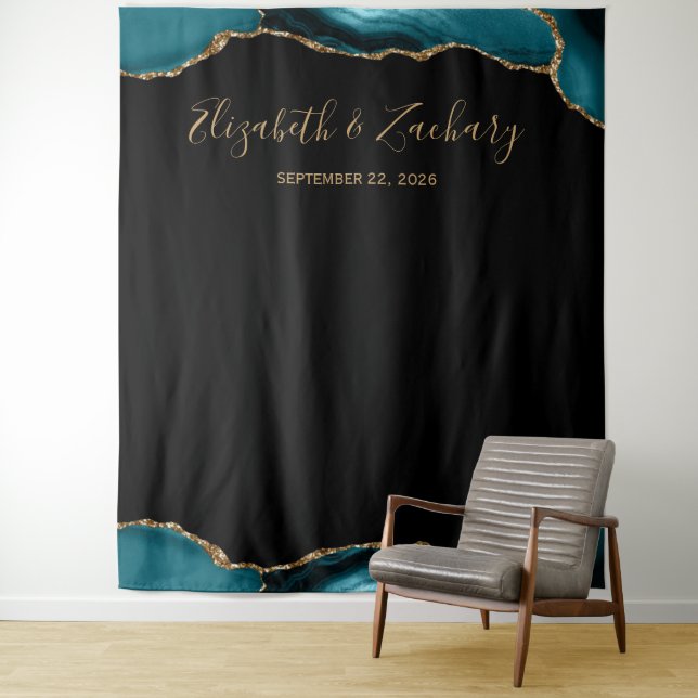 Teal Gold Agate Border Dark Wedding Photo Booth Tapestry (In Situ)