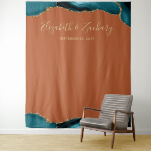 Teal Gold Agate Border Rust Wedding Photo Booth Tapestry