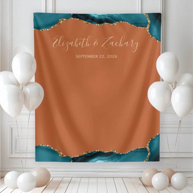 Teal Gold Agate Border Rust Wedding Photo Booth Tapestry (Creator Uploaded)