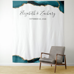 Teal Gold Agate Border Wedding Photo Booth Tapestry