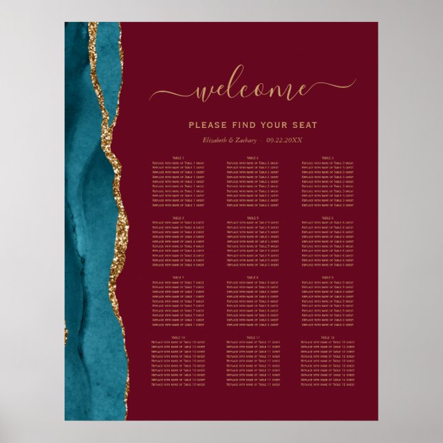Teal Gold Agate Burgundy 12-Table Wedding Seating Poster (Front)