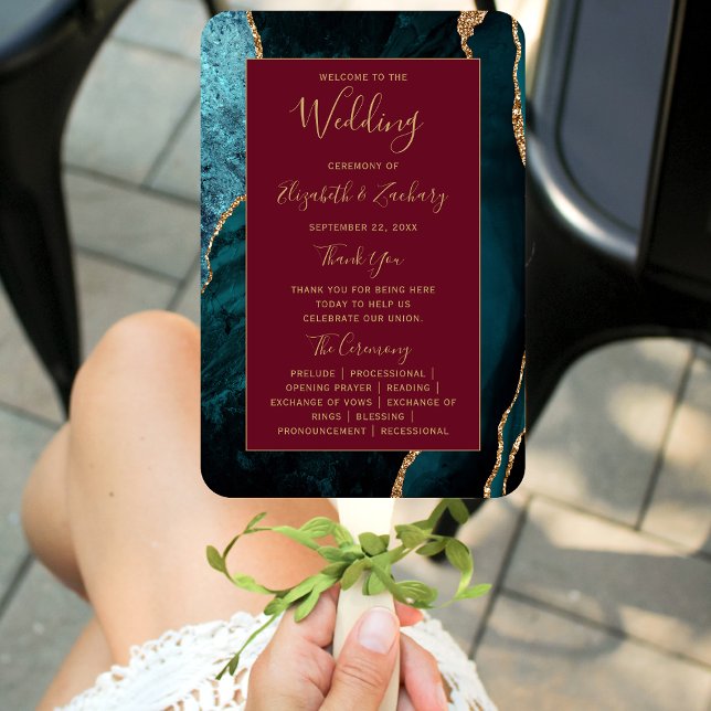 Teal Gold Agate Burgundy Wedding Program Hand Fan (Creator Uploaded)