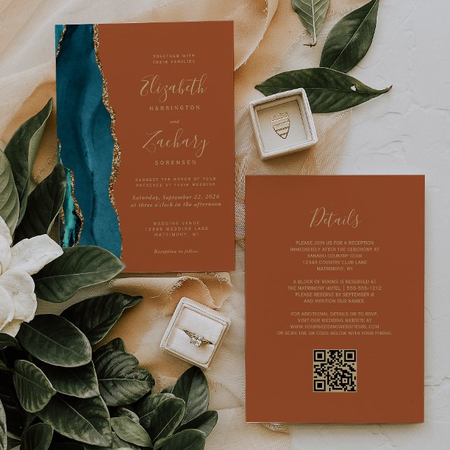 Teal Gold Agate Burnt Orange Rust QR Code Wedding Invitation (Creator Uploaded)