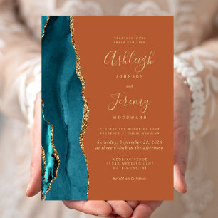 Teal Gold Agate Burnt Orange Rust Wedding Invitation