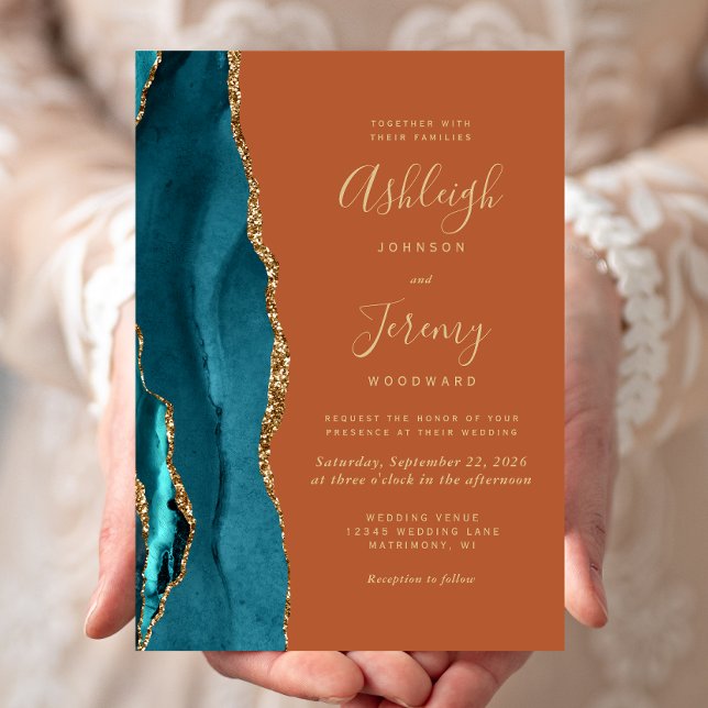 Teal Gold Agate Burnt Orange Rust Wedding Invitation (Creator Uploaded)