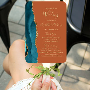 Teal Gold Agate Burnt Orange Wedding Program Hand Fan