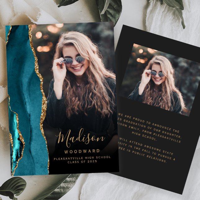 Teal Gold Agate Dark Photo Grad Announcement (Creator Uploaded)