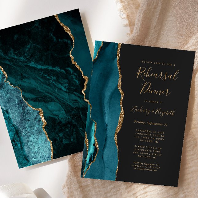 Teal Gold Agate Dark Wedding Rehearsal Dinner Invitation (Creator Uploaded)