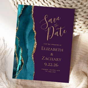 Teal Gold Agate Deep Purple Wedding Save the Date Announcement Postcard