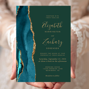 Teal Gold Agate Emerald Green Wedding Invitation