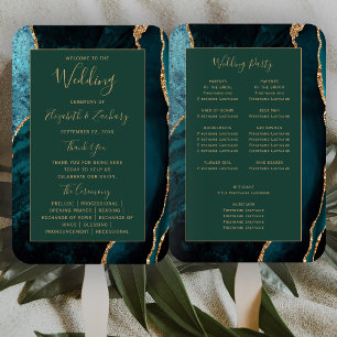 Teal Gold Agate Emerald Green Wedding Program Hand Fan