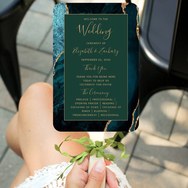 Teal Gold Agate Emerald Green Wedding Program Hand Fan (Creator Uploaded)