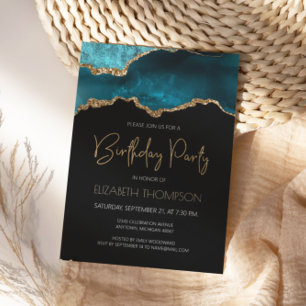 Teal Gold Agate Geode Any Year Birthday Party Invitation