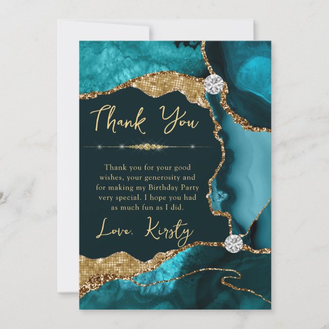 Teal Gold Agate Geode Birthday Thank You Card (Front)