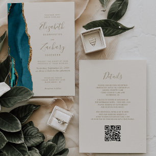 Teal Gold Agate Ivory QR Code Wedding Invitation
