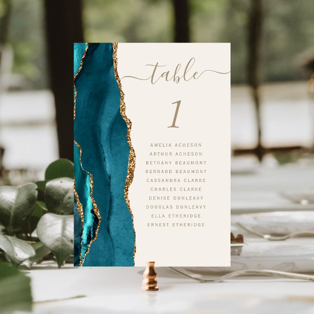 Teal Gold Agate Ivory Wedding Table Number (Creator Uploaded)
