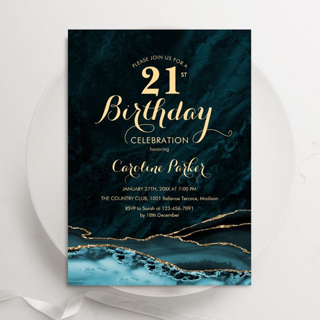 Teal Gold Agate Marble 21st Birthday Invitation (Creator Uploaded)