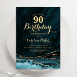 Teal Gold Agate Marble 90th Birthday Invitation<br><div class="desc">Teal and gold agate 90th birthday party invitation. Elegant modern design featuring teal blue turquoise watercolor agate marble geode background,  faux glitter gold and typography script font. Trendy invite card perfect for a stylish women's bday celebration. Printed Zazzle invitations or instant download digital printable template.</div>