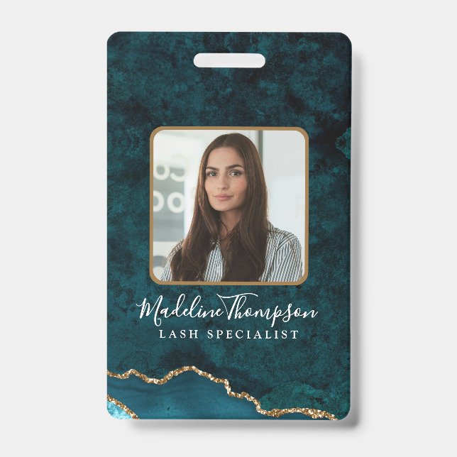 Teal Gold Agate Marble Business Company ID Badge (Front)