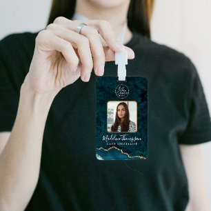 Teal Gold Agate Marble Business Logo Company ID Badge