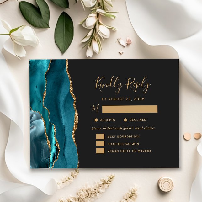 Teal Gold Agate Meal Options Dark Wedding RSVP Card (Creator Uploaded)