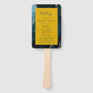 Teal Gold Agate Mustard Yellow Wedding Program Hand Fan