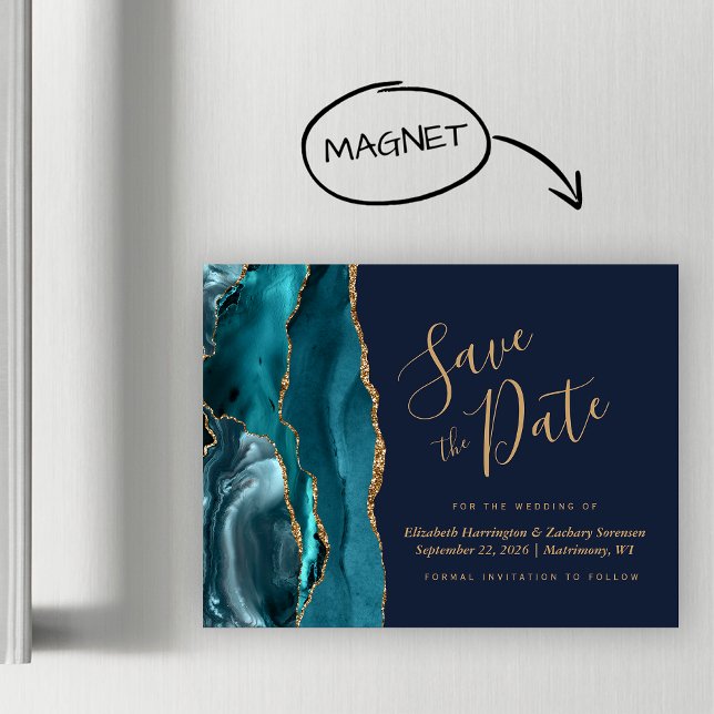 Teal Gold Agate Navy Blue Magnetic Save the Date (Creator Uploaded)