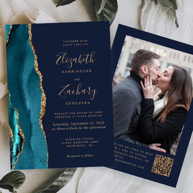 Teal Gold Agate Navy Blue Photo QR Code Wedding Invitation (Creator Uploaded)